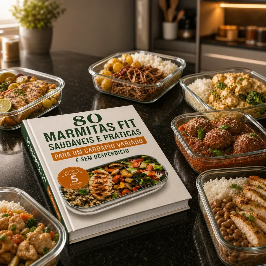 Ebook 80 Marmitas Fit cercado de marmitas prontas com arroz, frango e legumes