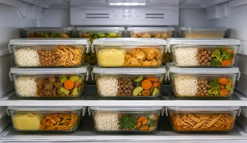 Marmitas fit empilhadas prontas para congelar