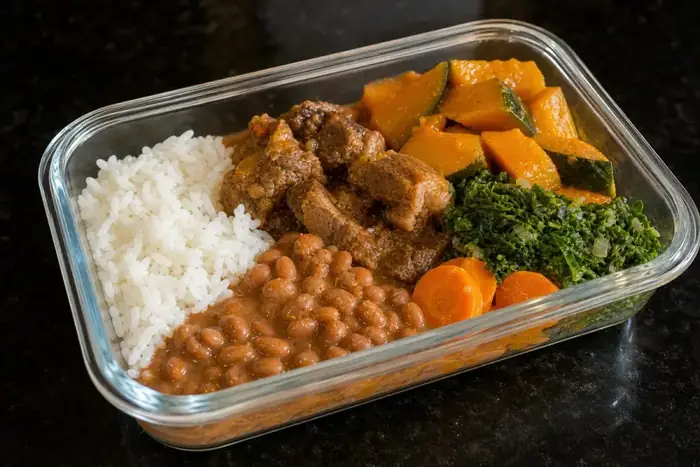 Marmita colorida com arroz, feijão, frango e legumes