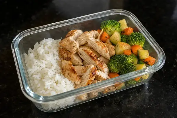 Frango grelhado com arroz e legumes