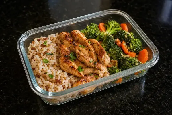 Marmita de frango com brócolis e arroz integral