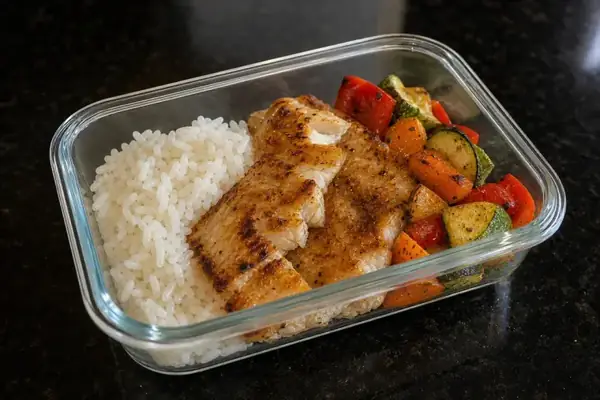 Peixe grelhado com legumes assados