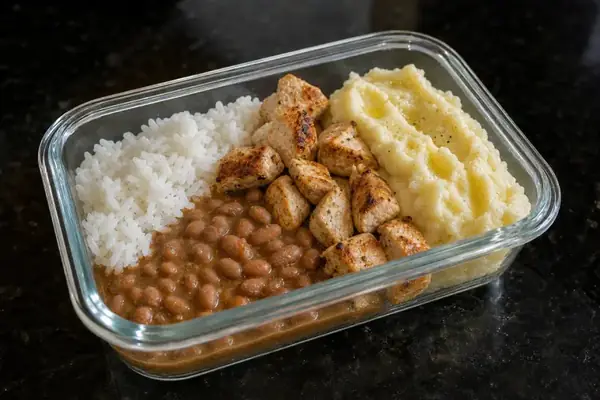 Frango com arroz, feijão e purê