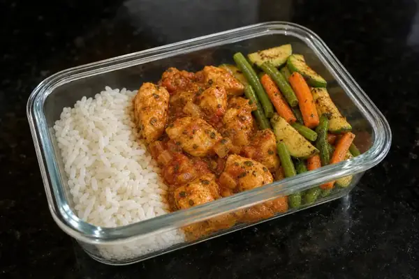 Frango grelhado com molho e vegetais