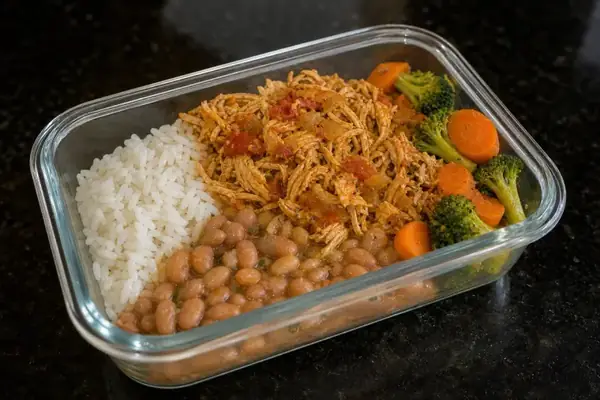 Marmita de frango desfiado com arroz e cebolinha