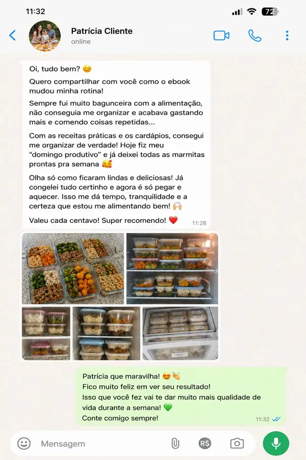 Print de conversa no WhatsApp com cliente satisfeita mostrando as marmitas prontas