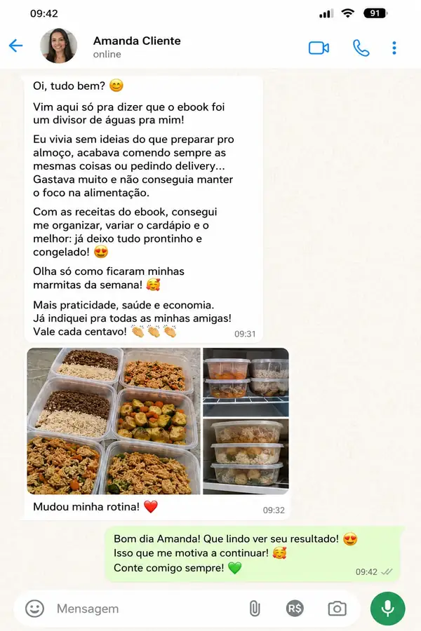 Print de conversa no WhatsApp com cliente satisfeita mostrando as marmitas prontas