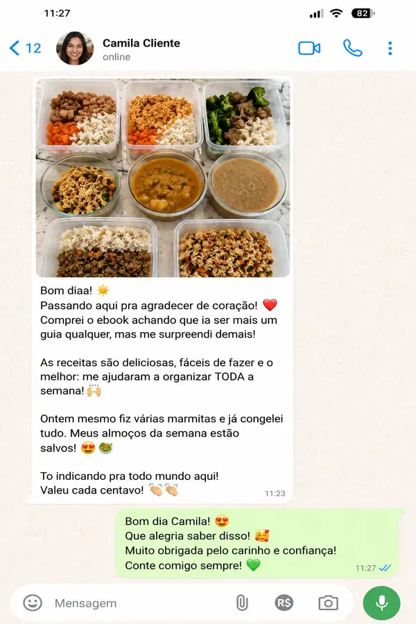 Print de conversa no WhatsApp com cliente satisfeita mostrando as marmitas prontas