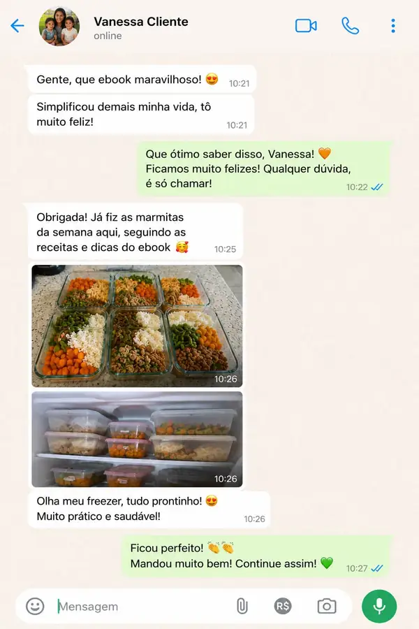 Print de conversa no WhatsApp com cliente satisfeita mostrando as marmitas prontas