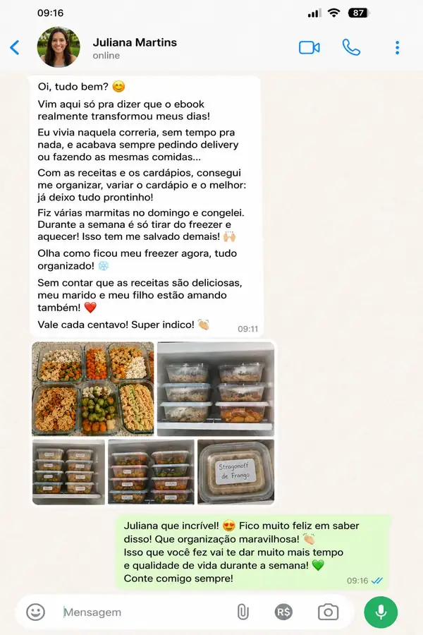 Print de conversa no WhatsApp com cliente satisfeita mostrando as marmitas prontas