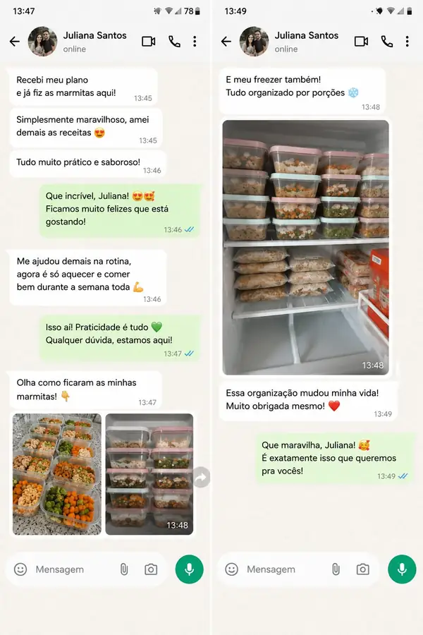 Print de conversa no WhatsApp com cliente satisfeita mostrando as marmitas prontas